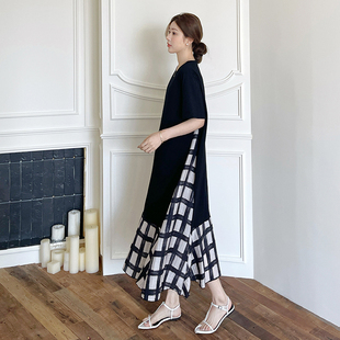 宽松拼天丝麻格子印染高级感短袖 大码 连衣裙胖mm显瘦长裙 长款 夏季