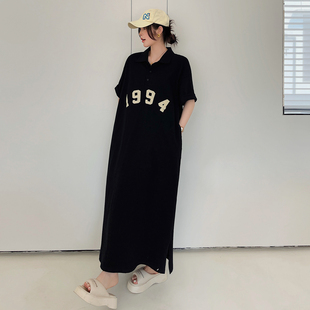 胖mm过膝开叉宽松显瘦短袖 新款 长裙 Polo领连衣裙女2026夏季 加长款
