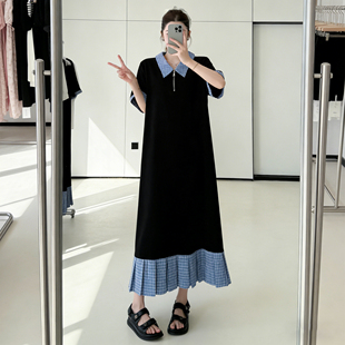 微胖mm端庄气质短袖连衣裙女2026新款夏季拼接翻领宽松显瘦长裙子
