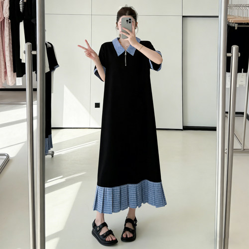 微胖mm端庄气质短袖连衣裙女2026新款夏季拼接翻领宽松显瘦长裙子