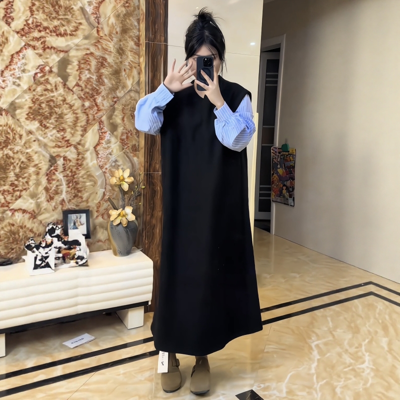 大码女装胖MM法式假两件衬衫拼接连衣裙2025秋季显瘦气质叠穿长裙