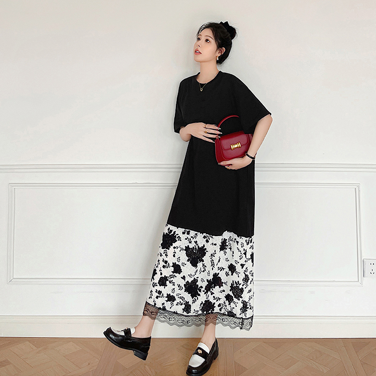 2025夏季新款大码女装拼接假两件T恤长裙休闲过膝宽松短袖连衣裙