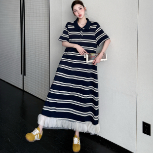 连衣裙 胖mm撞色休闲短袖 夏季 珠地条纹polo领花瓣拼接长裙2026新款