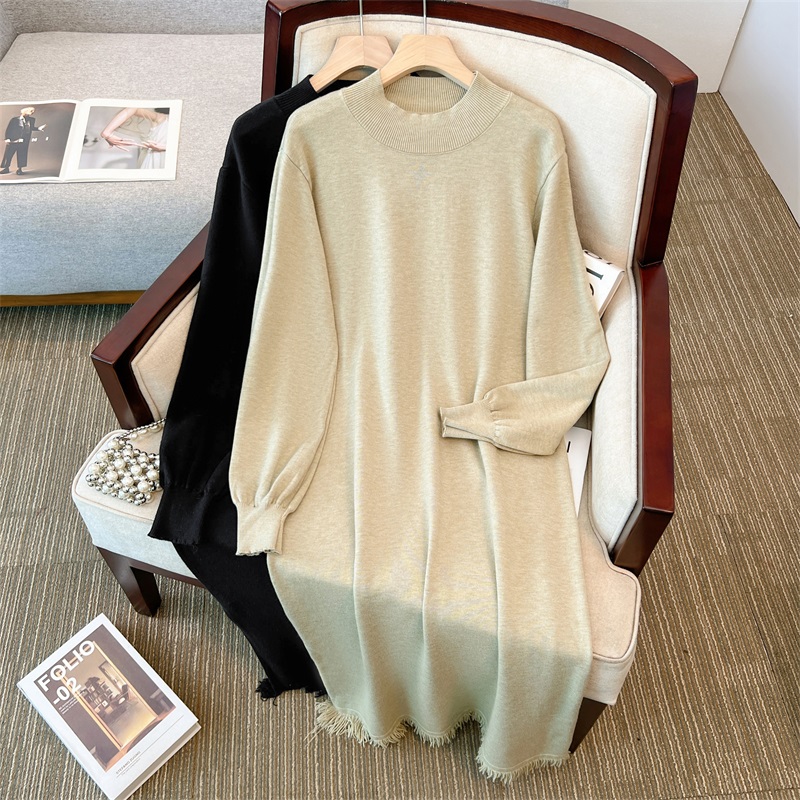 大码女装流苏针织连衣裙女秋冬新款慵懒宽松中长款毛衣裙打底长裙