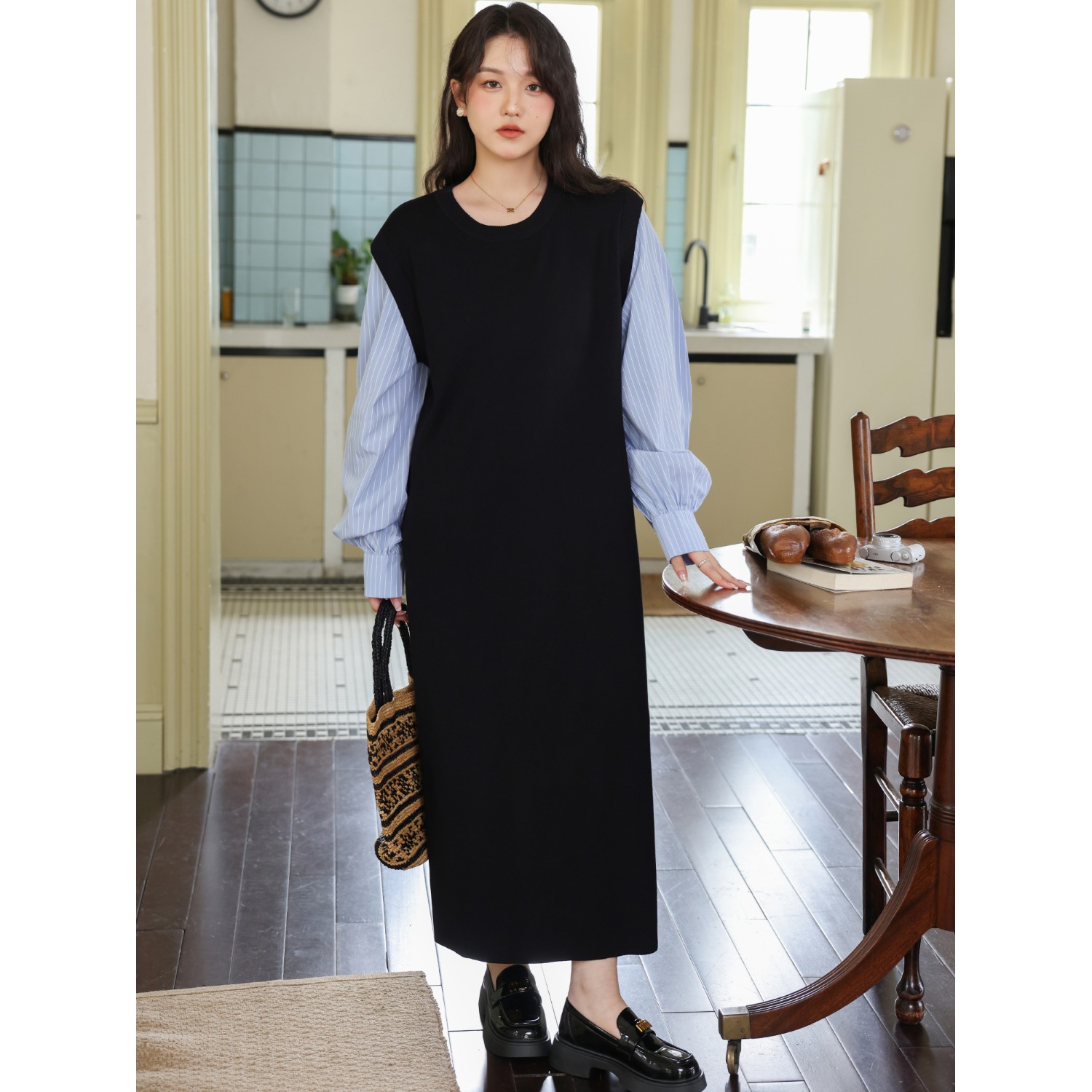 设计感假两件衬衫针织连衣裙女秋季新款宽松显瘦拼接孕妇可穿裙子