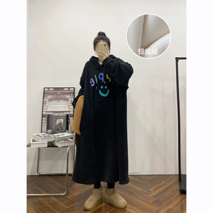 加绒加厚连衣裙2023春秋季 女装 过膝卫衣连帽长袖 新款 大码 长款 裙子