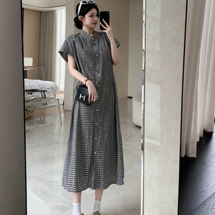 胖MM宽松显瘦日系复古文艺连衣裙夏季 韩版 气质感格子长裙 女装 大码