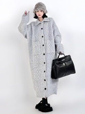 高领休闲风宽松针织长款毛衣外套