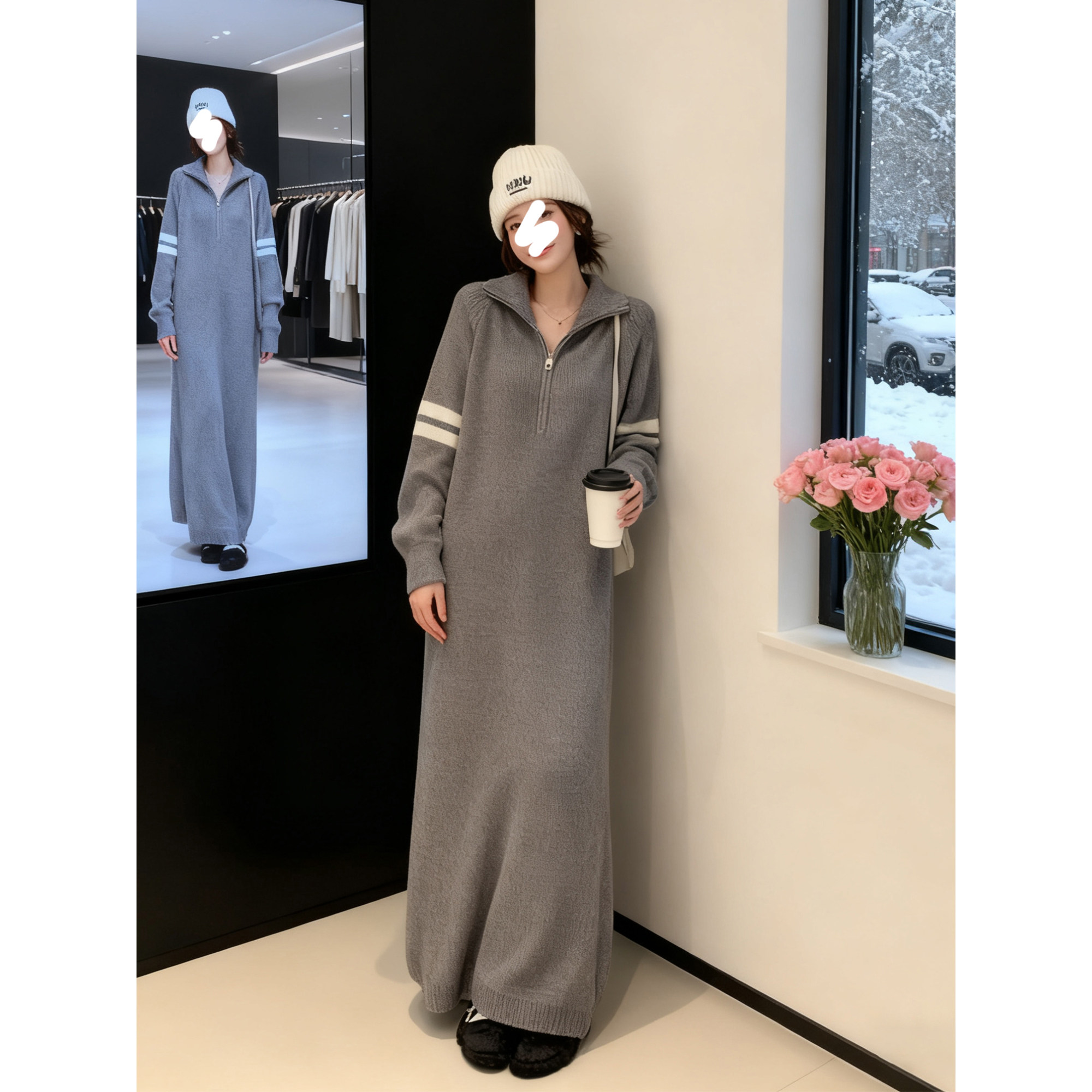 冬季新款宽松显瘦高领拉链毛衣裙女大码遮肉过膝长款针织连衣裙子