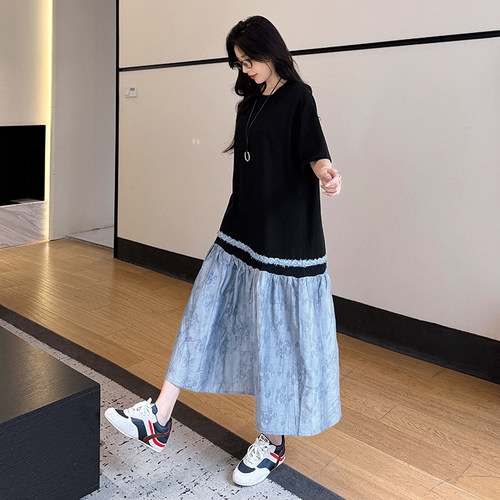 大码短袖T恤连衣裙女2026夏季新款设计感提花拼接超好看鱼尾裙子