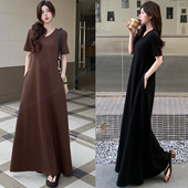 简约纯色V领T恤连衣裙女2025夏季 长裙 遮肉显瘦短袖 新款 过膝超长款