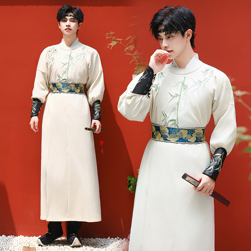 原创男女同款青竹绣花中长款袍子大码汉服圆领袍套装日常表演服饰