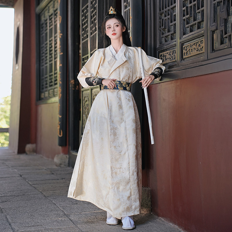 原创汉服织锦两穿提花圆领袍子武侠风中性情侣装CP大码汉服