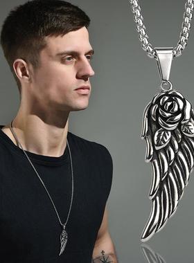 潮流男女情侣同款嘻哈羽毛吊坠欧美复古玫瑰天使翅膀项链钛钢铸造