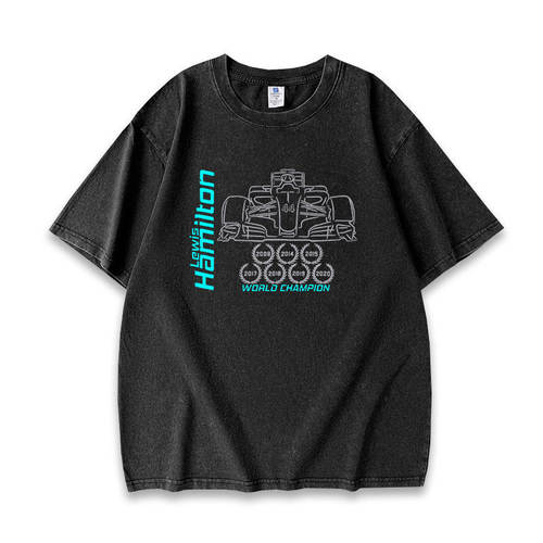 汉密尔顿世界F1赛车爱好者车队4s店水洗做旧重磅短袖T恤夏季tee