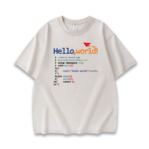 程序员python编程语言衣服hello world代码男水洗做旧重磅短袖T恤