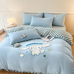 牛奶绒四件套秋冬加厚被套儿童三丽鸥被罩加绒床单三件套床笠款