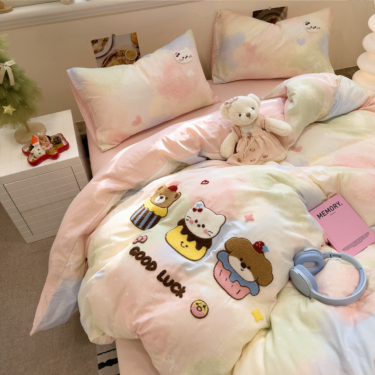 纯棉四件套全棉双层纱被套卡通毛巾绣单人床宿舍床单三件套床笠款