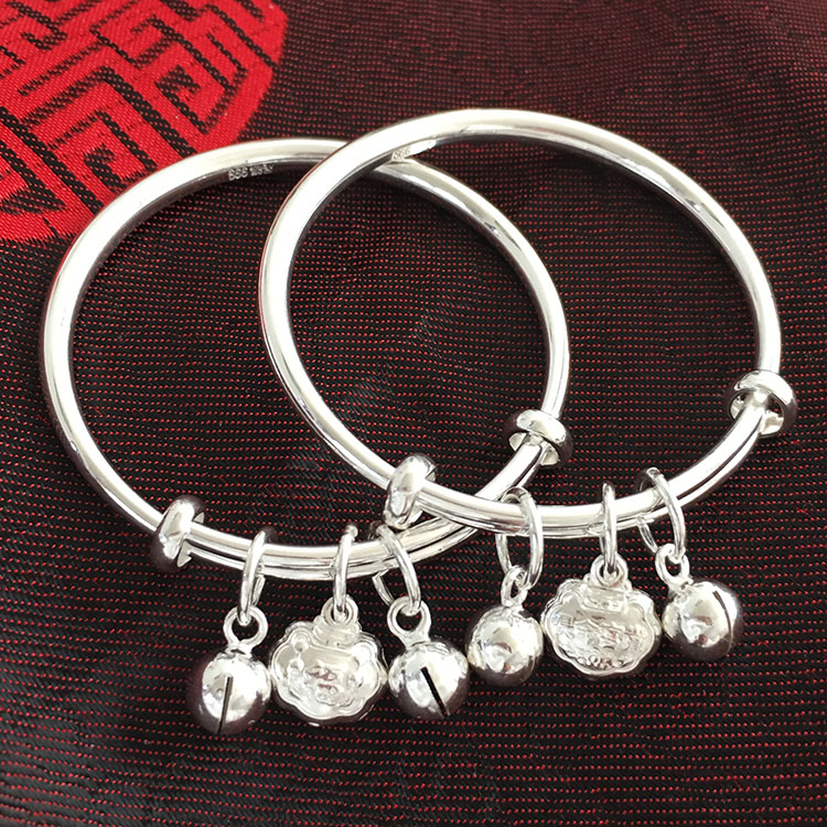 S999足银手镯纯银生肖龙蛇宝宝婴儿周岁满月新生儿铃铛脚镯银饰