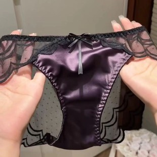 女蝴蝶结波浪蕾丝网纱三角内裤 禁欲紫色性感缎面拼接蕾丝内裤