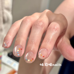 短款 彩虹糖果波点可爱美甲纯欲显白简约气质ins 穿戴甲纯手工新款