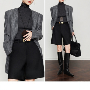 30%绵羊毛呢感百慕大短裤女25冬新款黑色休闲裤子靴裤外穿