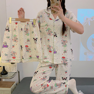 新款 夏季 云朵棉翻领三件套睡衣女卡通可爱甜美少女家居服