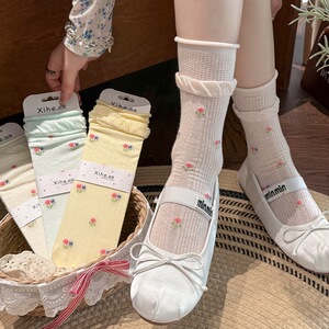 碎花袜子女26春夏薄款网眼镂空中筒袜甜美花苞堆堆袜芭蕾风袜子