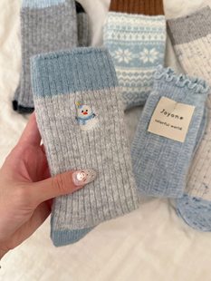 袜子女厚款 bi入色系 羊毛暖和韩 蓝灰色系简直是冬季 冬日氛围感