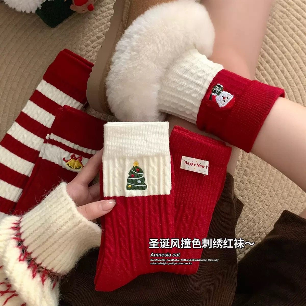 红色圣诞袜子女秋冬季纯棉中筒袜卡通可爱圣诞节礼物新年长袜冬天