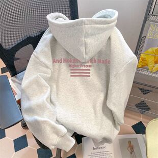 银狐绒横杠粉色字母印花连帽卫衣秋冬宽松百搭休闲学生上衣外套潮