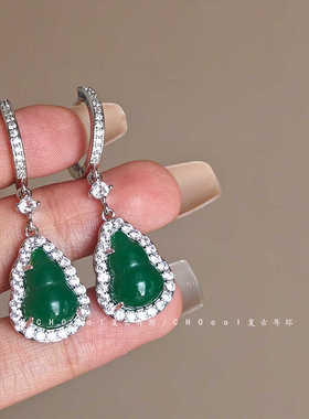 新中式复古绿色葫芦耳钉女高级感国风耳环2024新款爆款耳扣耳饰潮