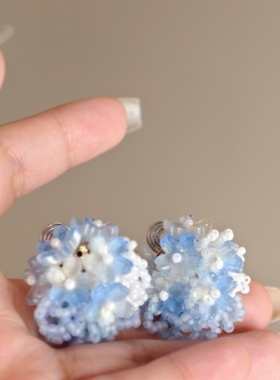 蓝色水晶花朵耳环女手工编织diy耳饰温柔花园风无耳洞蚊香盘耳夹