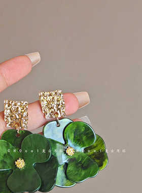 法式亚克力绿色花朵耳钉适合方圆脸耳坠复古个性耳环气质轻奢耳饰