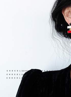 港风复古条纹几何色红色拼接蒙德里安耳环无耳洞耳夹耳饰