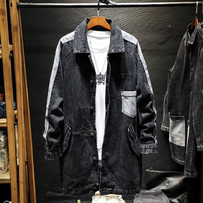 春秋款牛仔男士风衣男中长款韩版潮流外套男披风男大衣宽松百搭款
