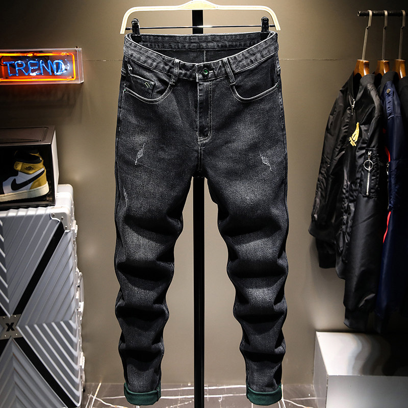2021夏季款牛仔裤男修身直筒潮牌黑色磨破长裤子男士韩版小脚裤子