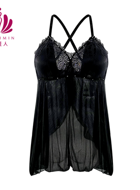 贝佳人新款睡衣舒适透气黑色性感蕾丝吊带上衣背心女家居服B23001