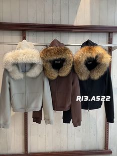 R13十三行正版2025冬新款大头花同款真毛领连帽加绒拉链外套女潮