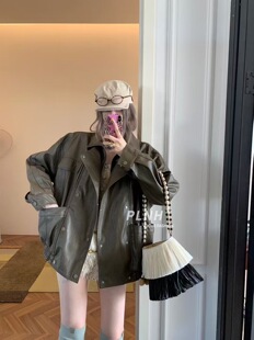 PLNH2025秋季新款韩版时尚设计感复古百搭气质翻领机车皮衣外套女