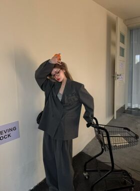 GOD财神2026早春新款美式复古条纹西装外套+高腰阔腿裤洋气显瘦