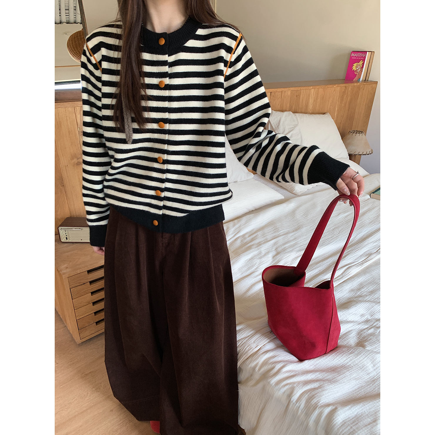 MSHOP花路路撞色条纹针织外套