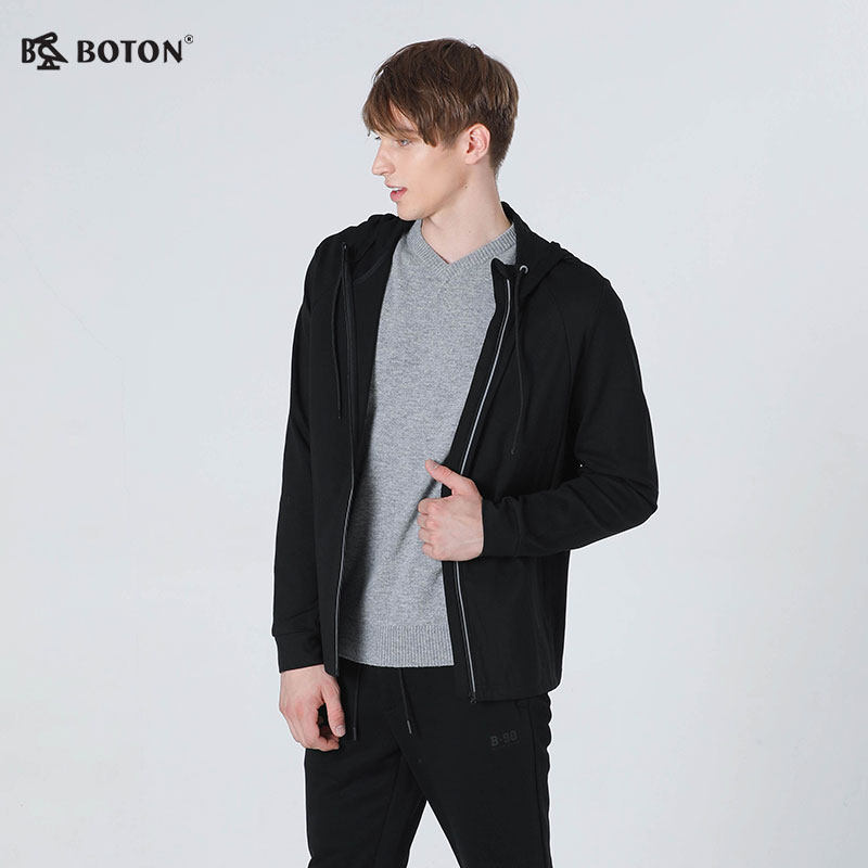 波顿/BOTON 2018年新款夹克黑色连帽风衣运动短装拉链外套