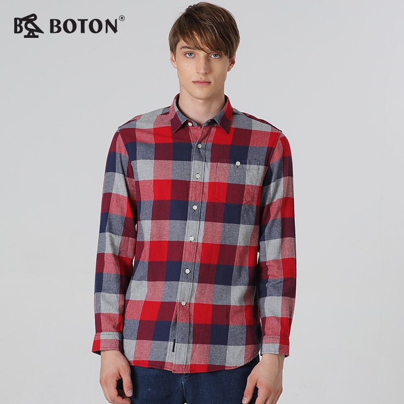 Boton波顿　2023年新款男装长袖红灰大格磨毛衬衫休闲男士长袖　