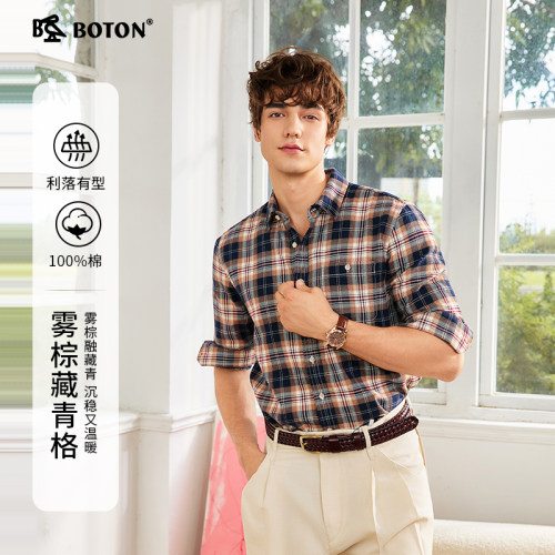 Boton/波顿男装长袖翻领格仔衬衫格子秋季复古风磨毛日常开衫