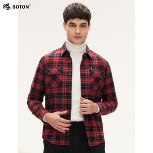 高端休闲美式 波顿2025秋冬新款 格子衬衫 男士 英伦风衬衣 红蓝色长袖