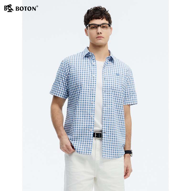 波顿2025夏季新款男士短袖蓝黄白色格子衬衫高端美式休闲纯棉衬衣
