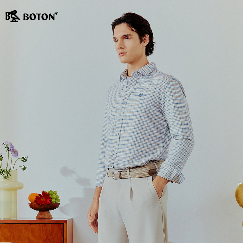 Boton/波顿男装长袖翻领格仔衬衫修身版休闲风2026年春秋季格子