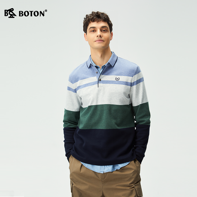 Boton/波顿2026年男士复古撞色条纹POLO领针织衫长袖休闲