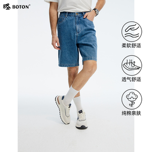 [纯棉]波顿2025夏季新款男士中蓝色牛仔短裤高端美式休闲宽松裤子